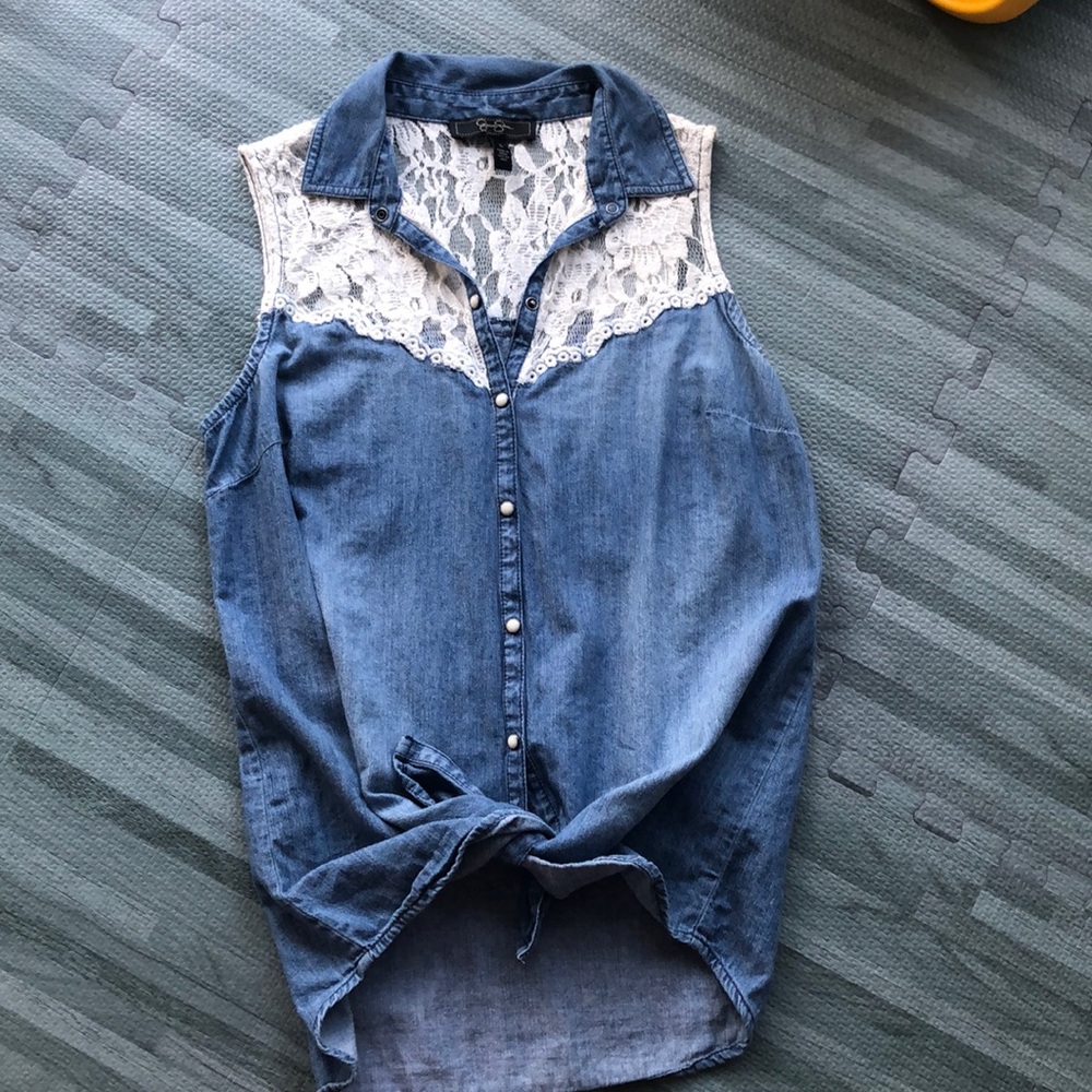 Denim button down with lace accent